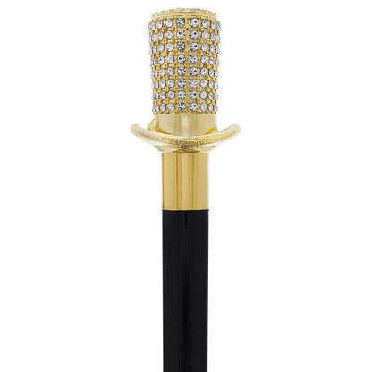 Gold Plated Top Hat with Swarovski Crystals w/ Black Beechwood Shaft and Gold collar