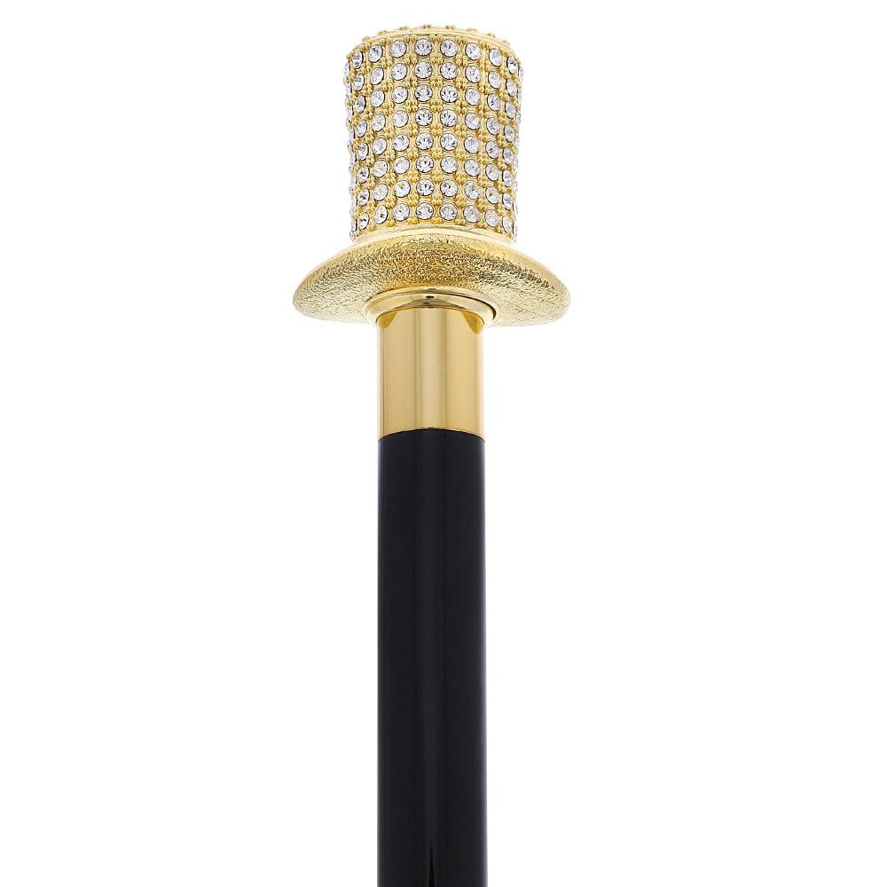 Gold Plated Top Hat with Swarovski Crystals w/ Black Beechwood Shaft and Gold collar