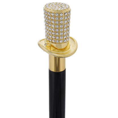 Gold Plated Top Hat with Swarovski Crystals w/ Black Beechwood Shaft and Gold collar