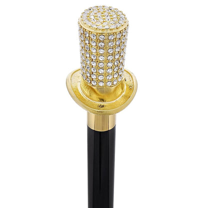 Gold Plated Top Hat with Swarovski Crystals w/ Black Beechwood Shaft and Gold collar