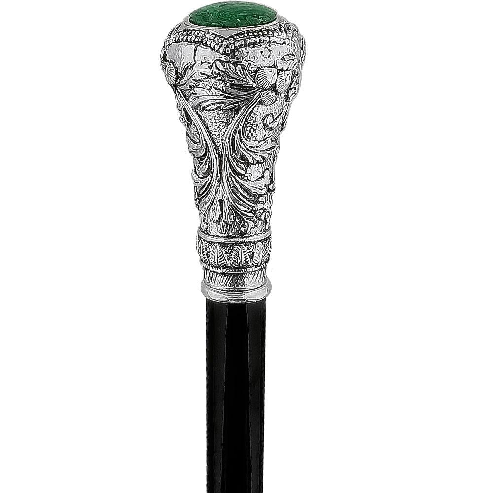 Silver 925r Knob Handle Walking Cane w/ Black Beechwood Shaft and Green Stone Pillbox