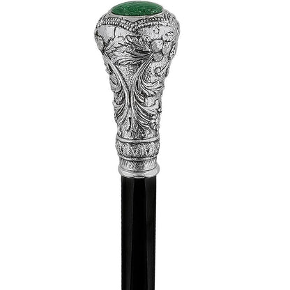 Silver 925r Knob Handle Walking Cane w/ Black Beechwood Shaft and Green Stone Pillbox