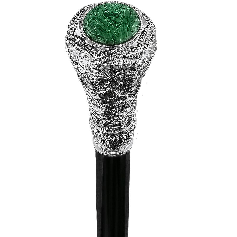 Silver 925r Knob Handle Walking Cane w/ Black Beechwood Shaft and Green Stone Pillbox