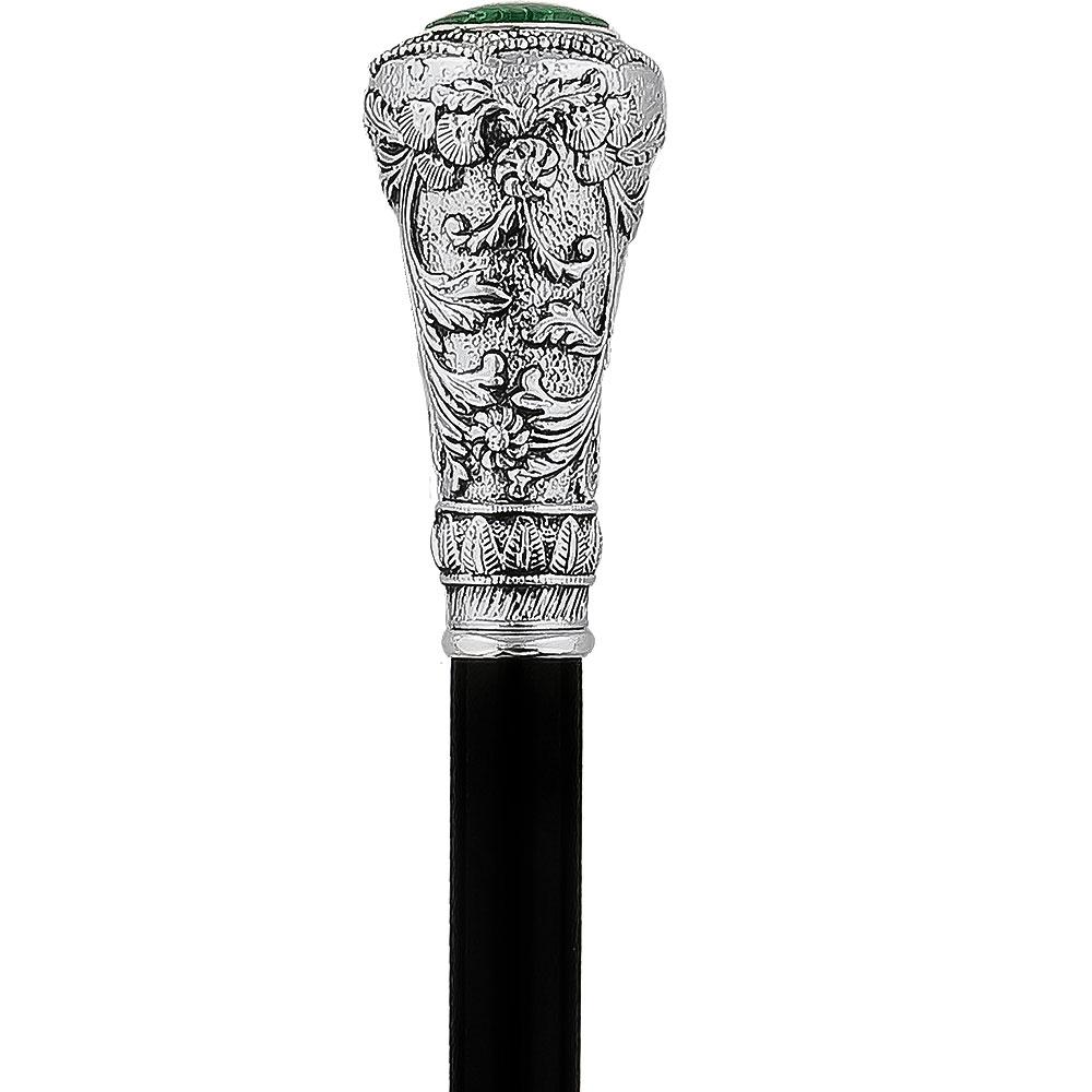 Silver 925r Knob Handle Walking Cane w/ Black Beechwood Shaft and Green Stone Pillbox