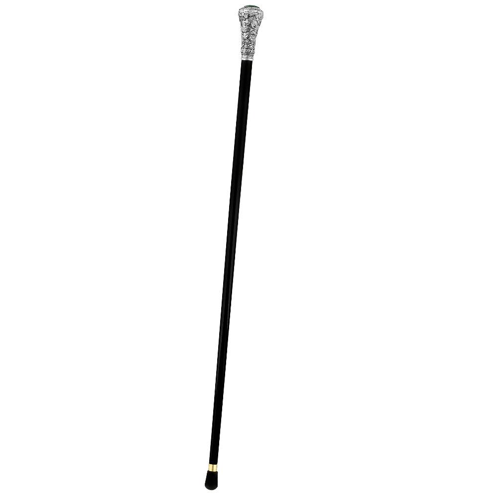 Silver 925r Knob Handle Walking Cane w/ Black Beechwood Shaft and Green Stone Pillbox