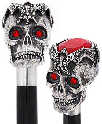 Silver 925r Ruby Red Skull and Bats Walking Cane w/ Black Beechwood Shaft