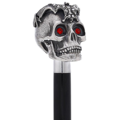 Silver 925r Ruby Red Skull and Bats Walking Cane w/ Black Beechwood Shaft