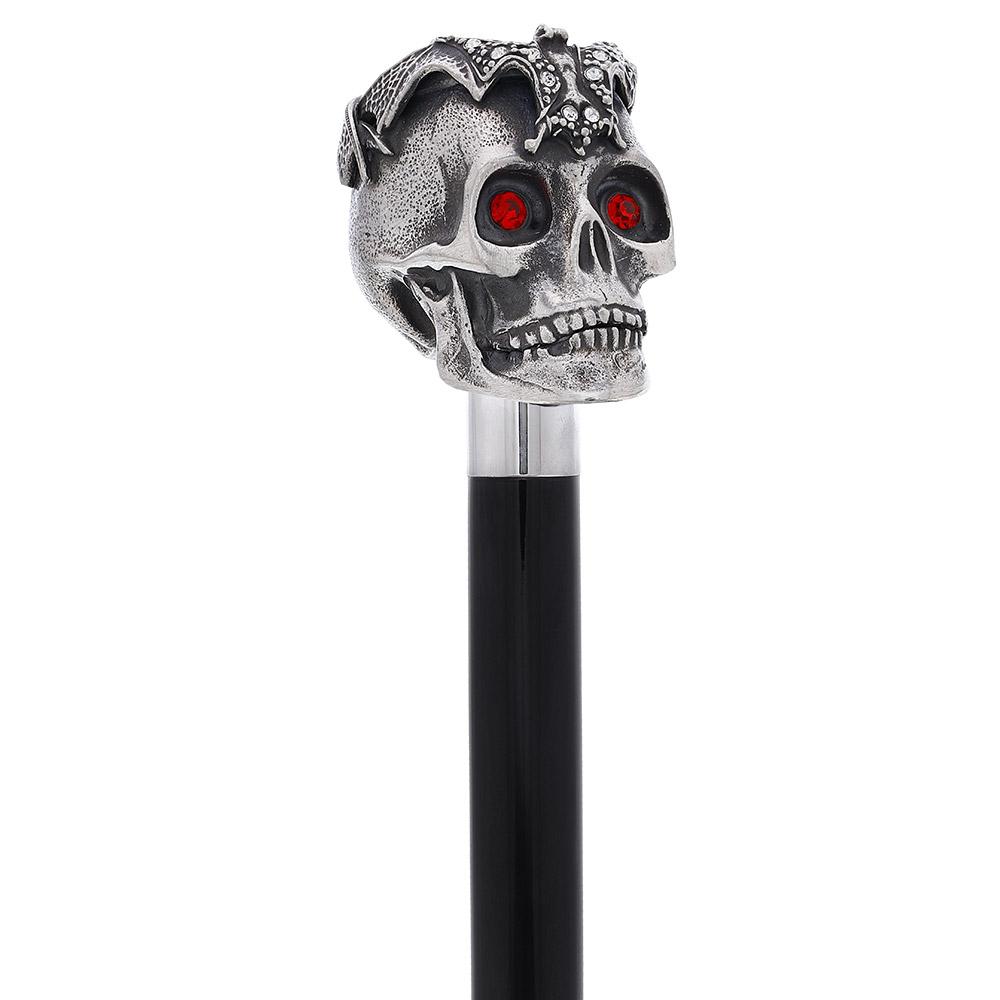 Silver 925r Ruby Red Skull and Bats Walking Cane w/ Black Beechwood Shaft