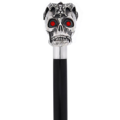 Silver 925r Ruby Red Skull and Bats Walking Cane w/ Black Beechwood Shaft