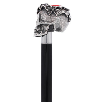Silver 925r Ruby Red Skull and Bats Walking Cane w/ Black Beechwood Shaft