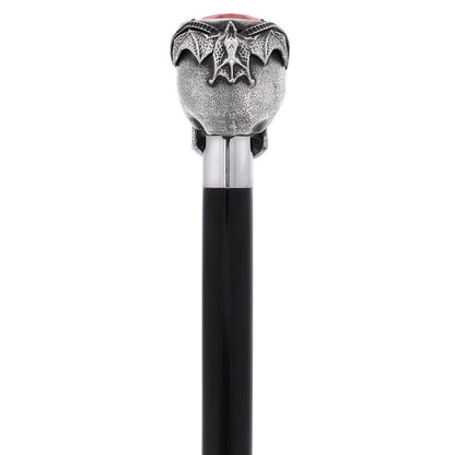 Silver 925r Ruby Red Skull and Bats Walking Cane w/ Black Beechwood Shaft