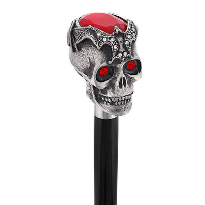 Silver 925r Ruby Red Skull and Bats Walking Cane w/ Black Beechwood Shaft