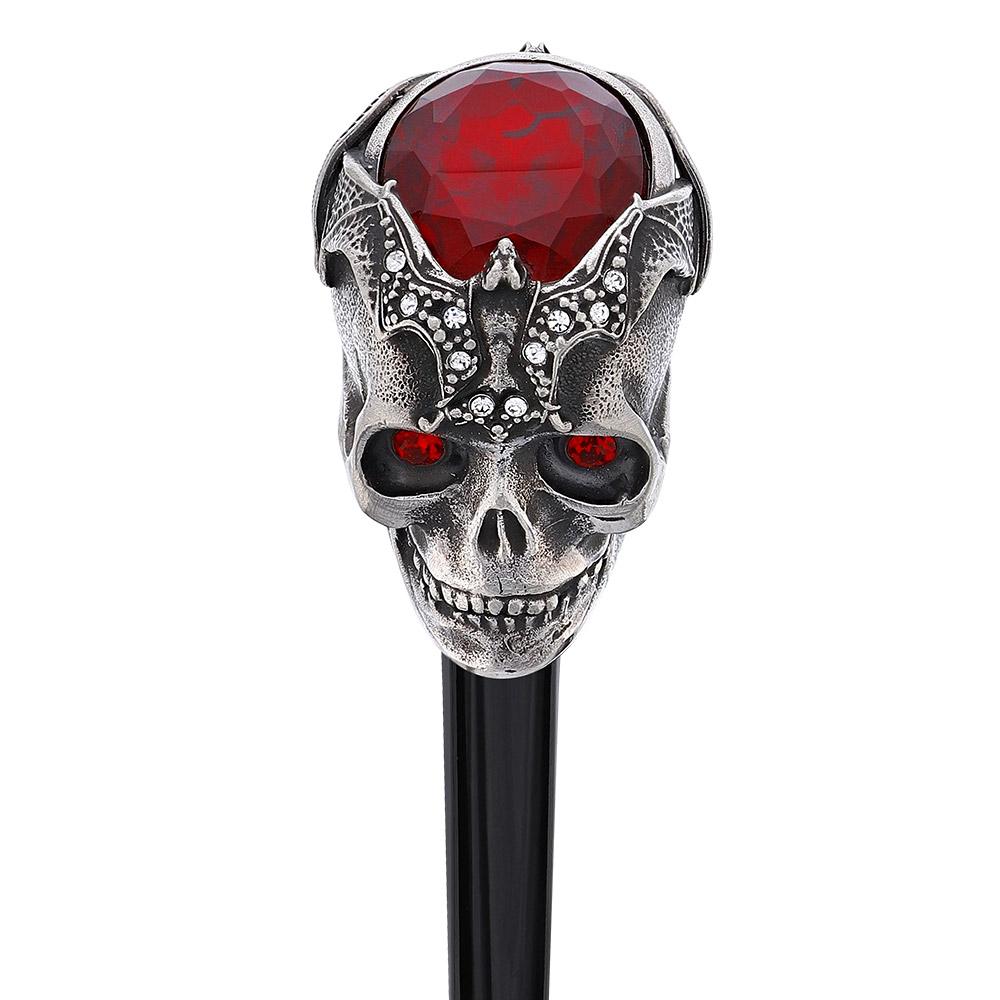 Silver 925r Ruby Red Skull and Bats Walking Cane w/ Black Beechwood Shaft