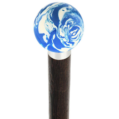 Blue & White Cream Swirl Round Knob Cane w/ Custom Wood Shaft & Collar