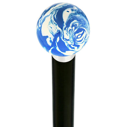 Blue & White Cream Swirl Round Knob Cane w/ Custom Wood Shaft & Collar