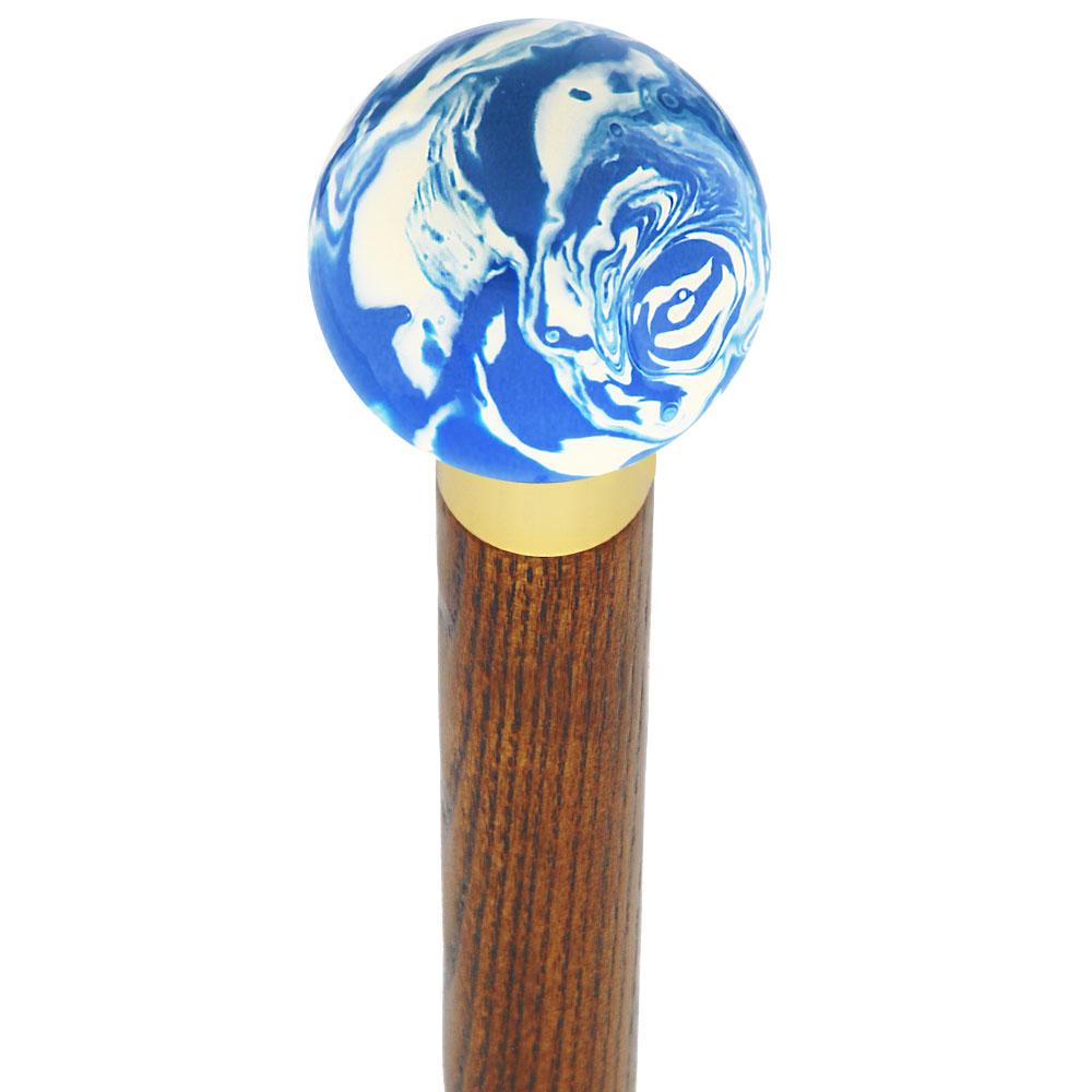 Blue & White Cream Swirl Round Knob Cane w/ Custom Wood Shaft & Collar