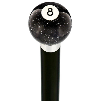 8 Ball Black Sparkle Round Knob Cane w/ Custom Wood Shaft & Collar