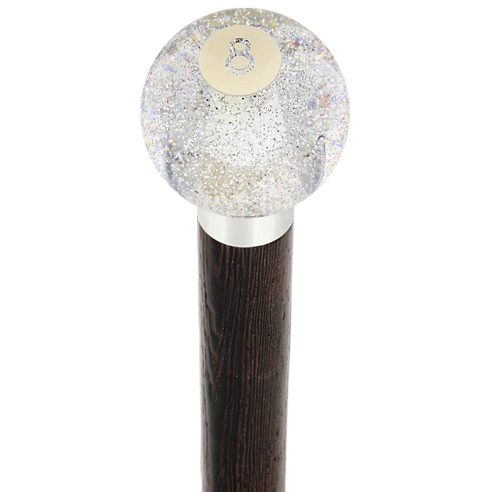8 Ball Clear Sparkle Round Knob Cane w/ Custom Wood Shaft & Collar