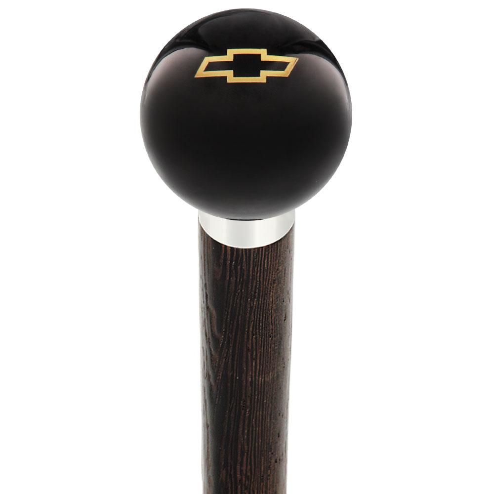 Licensed Chevy Classic Emblem Black Round Knob Cane w/ Custom Wood Shaft & Collar