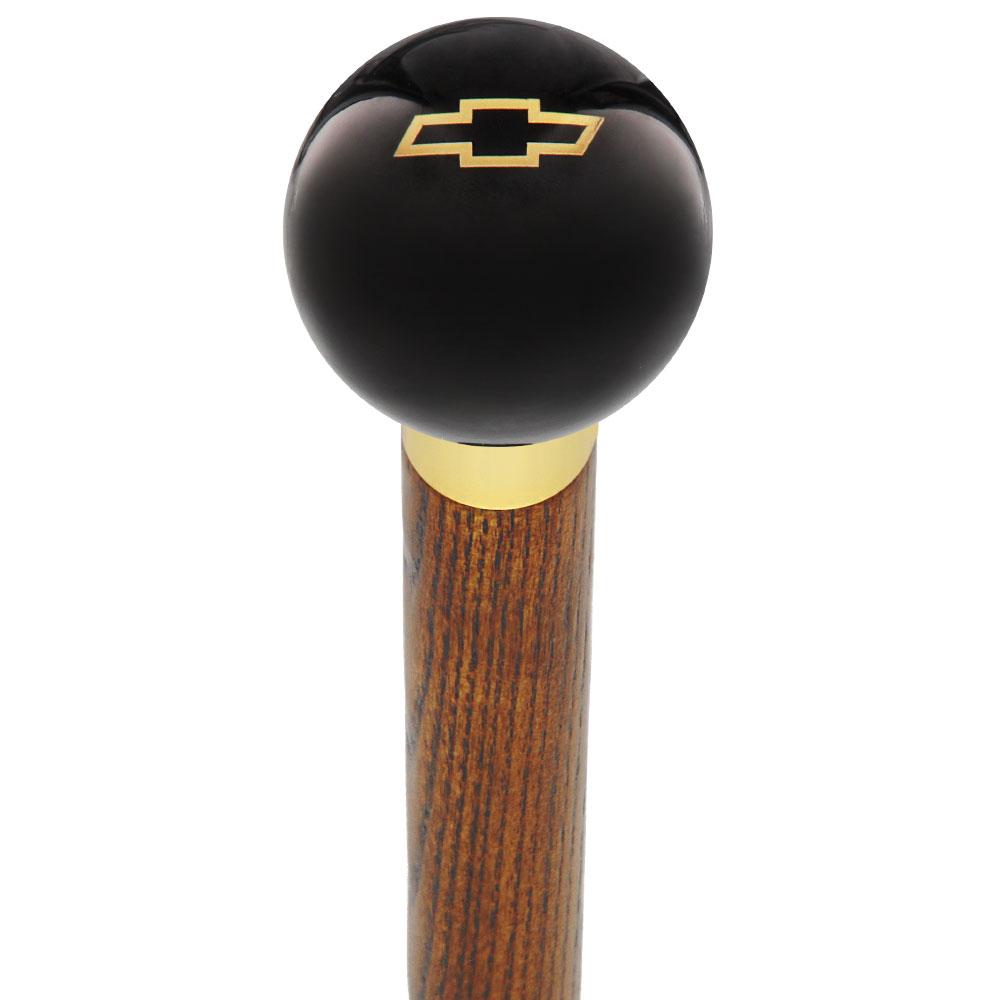 Licensed Chevy Classic Emblem Black Round Knob Cane w/ Custom Wood Shaft & Collar