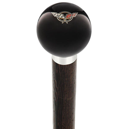 Licensed Corvette Angled Flags Emblem Black Round Knob Cane w/ Custom Wood Shaft & Collar