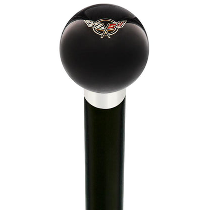 Licensed Corvette Angled Flags Emblem Black Round Knob Cane w/ Custom Wood Shaft & Collar