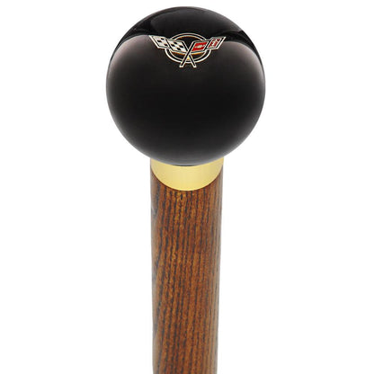Licensed Corvette Angled Flags Emblem Black Round Knob Cane w/ Custom Wood Shaft & Collar