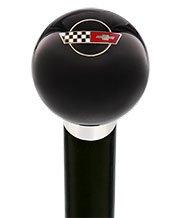 Licensed Corvette Side by Side Flags Emblem Black Round Knob Cane w/ Custom Wood Shaft & Collar