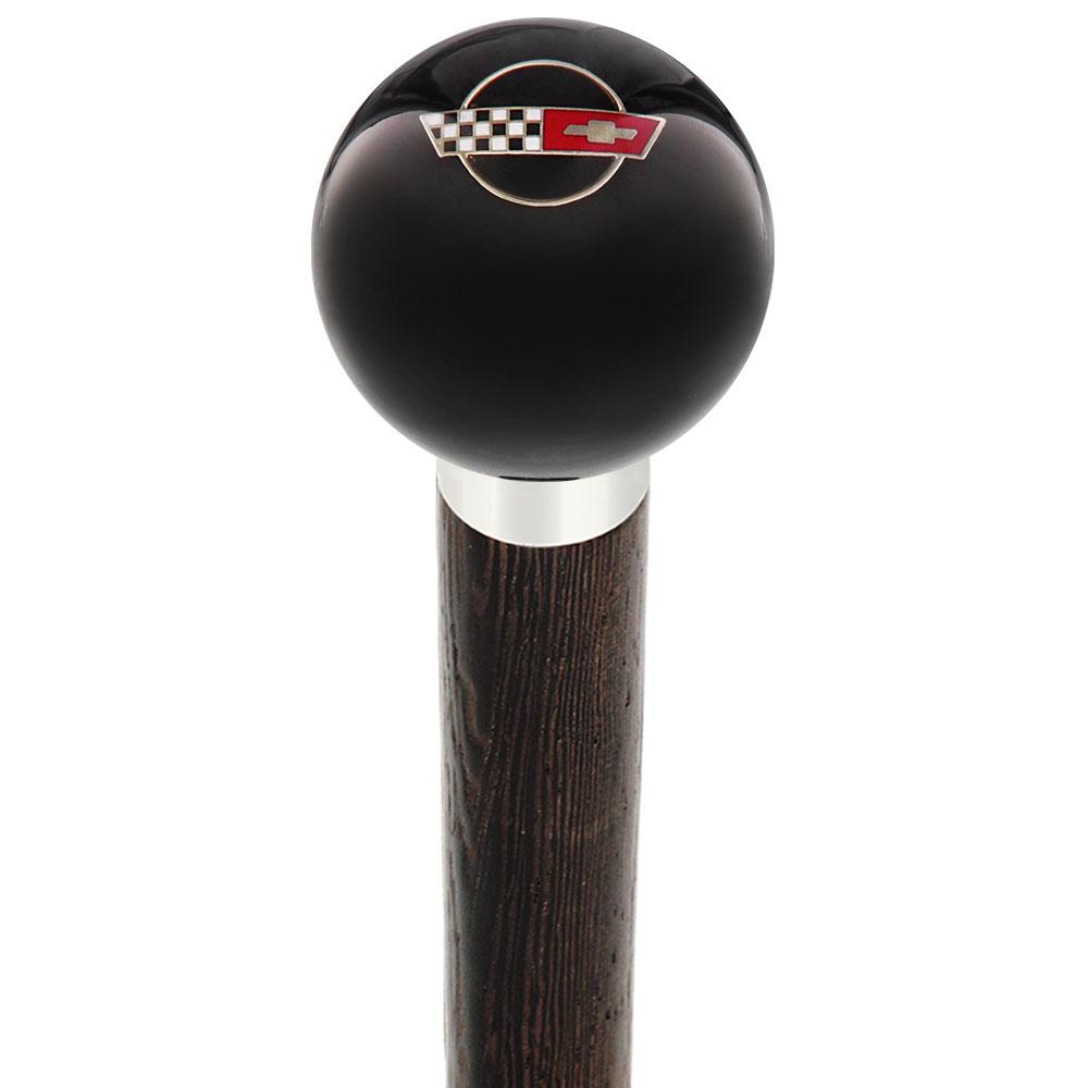 Licensed Corvette Side by Side Flags Emblem Black Round Knob Cane w/ Custom Wood Shaft & Collar