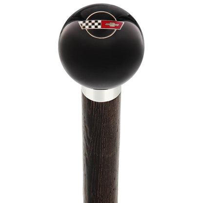 Licensed Corvette Side by Side Flags Emblem Black Round Knob Cane w/ Custom Wood Shaft & Collar