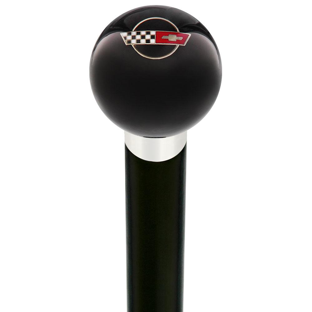 Licensed Corvette Side by Side Flags Emblem Black Round Knob Cane w/ Custom Wood Shaft & Collar