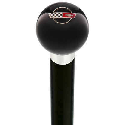 Licensed Corvette Side by Side Flags Emblem Black Round Knob Cane w/ Custom Wood Shaft & Collar
