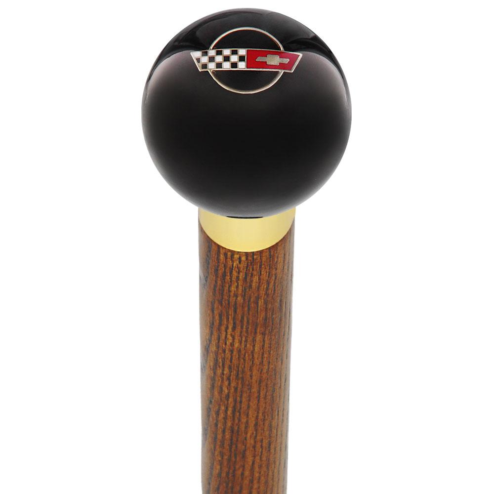 Licensed Corvette Side by Side Flags Emblem Black Round Knob Cane w/ Custom Wood Shaft & Collar