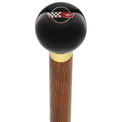 Licensed Corvette Side by Side Flags Emblem Black Round Knob Cane w/ Custom Wood Shaft & Collar