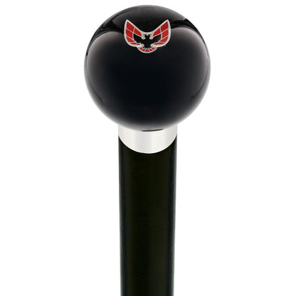 Licensed Firebird Emblem Black Round Knob Cane w/ Custom Wood Shaft & Collar