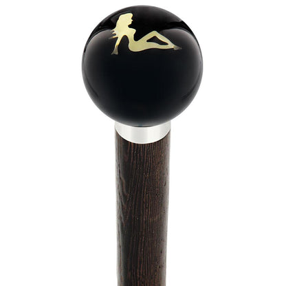 Mudflag Trucker Girl Black Round Knob Cane w/ Custom Wood Shaft & Collar