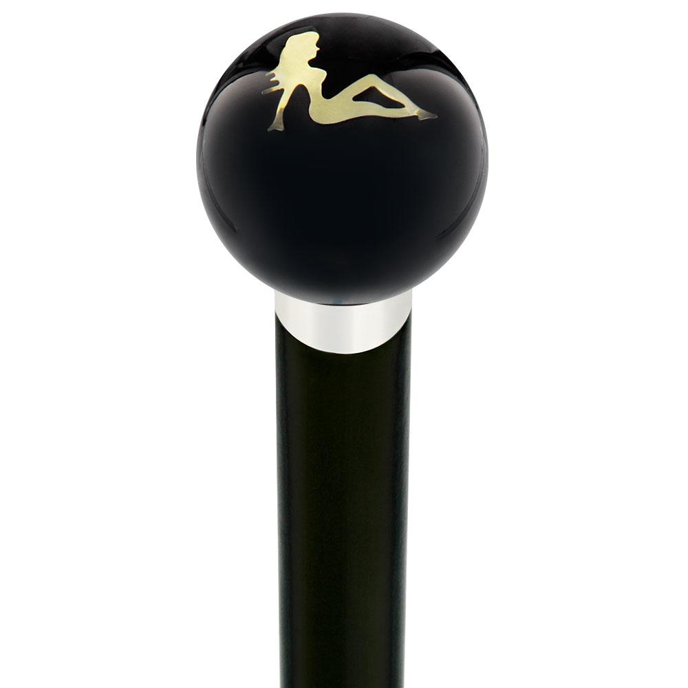 Mudflag Trucker Girl Black Round Knob Cane w/ Custom Wood Shaft & Collar