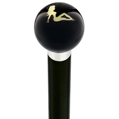Mudflag Trucker Girl Black Round Knob Cane w/ Custom Wood Shaft & Collar