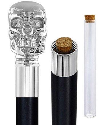 Skull Premium Chrome Brass Flask Cane: Wood Shaft Hidden Flask