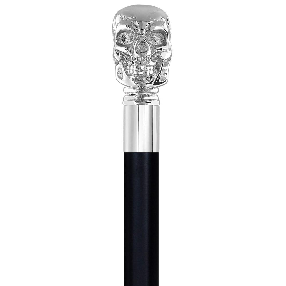 Skull Premium Chrome Brass Flask Cane: Wood Shaft Hidden Flask