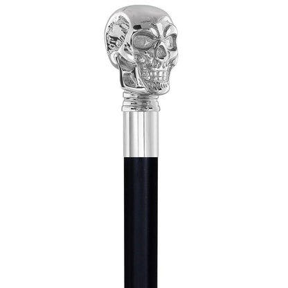 Skull Premium Chrome Brass Flask Cane: Wood Shaft Hidden Flask
