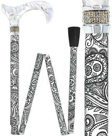 White Pearl w/ Rhinestone collar and black Swirl Designer Adjustable Orthopedic Folding Cane