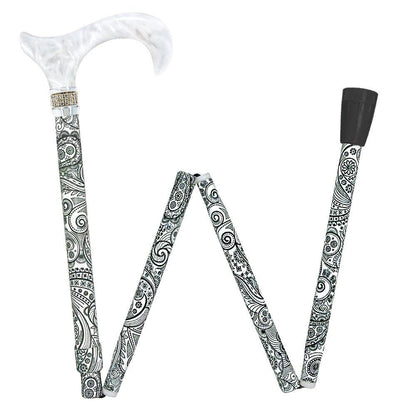 White Pearl w/ Rhinestone collar and black Swirl Designer Adjustable Orthopedic Folding Cane