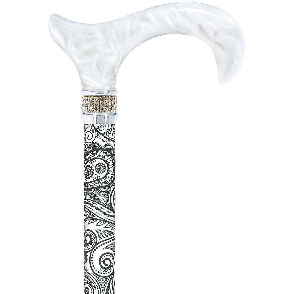 White Pearl w/ Rhinestone collar and black Swirl Designer Adjustable Orthopedic Folding Cane