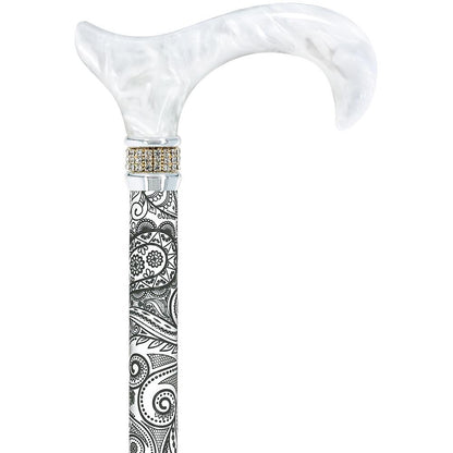White Pearl w/ Rhinestone collar and black Swirl Designer Adjustable Orthopedic Folding Cane