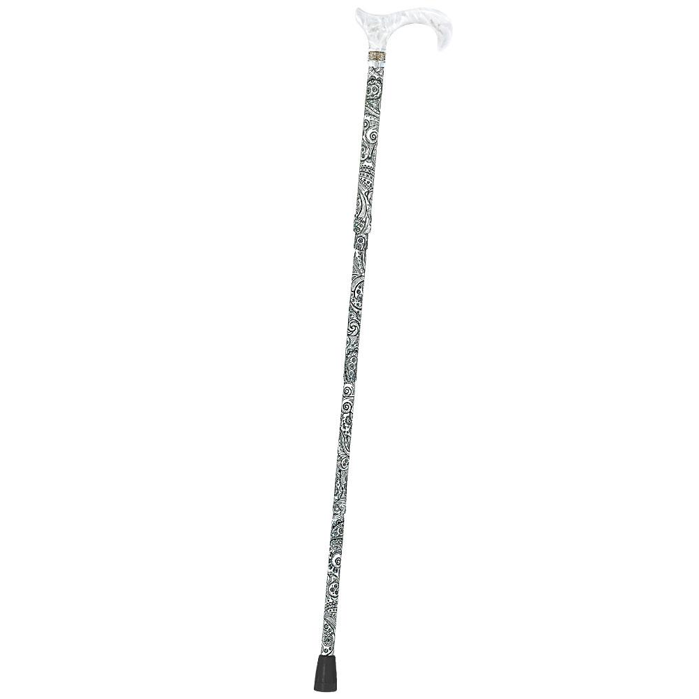 White Pearl w/ Rhinestone collar and black Swirl Designer Adjustable Orthopedic Folding Cane