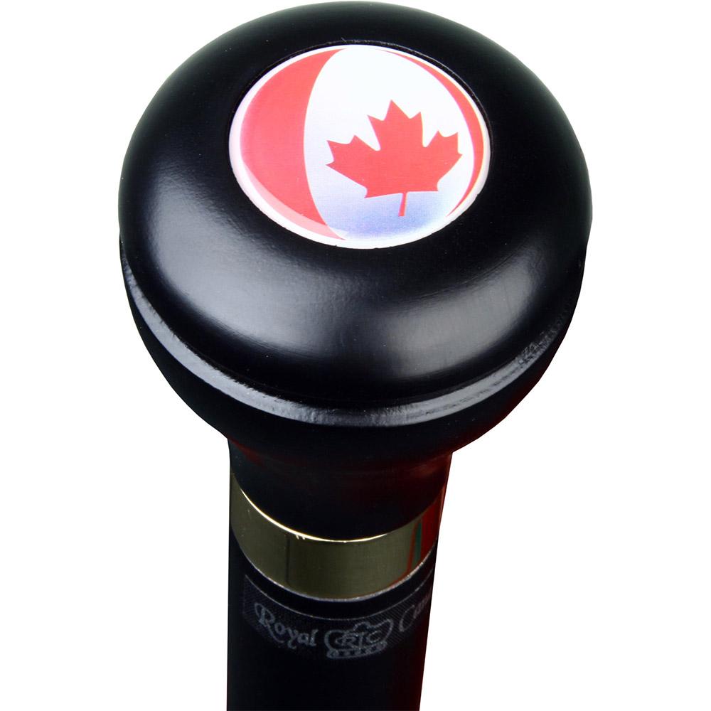 Canadian Flag Emblem Flask Walking Stick: Wood Shaft Hidden Flask