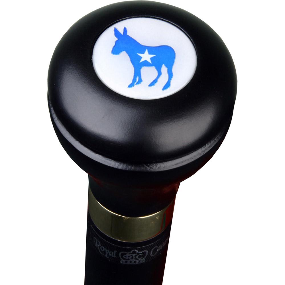 Democrat Emblem Flask Walking Stick: Wood Shaft Hidden Flask