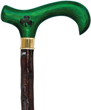 Genuine Blackthorn Wood Derby Walking Cane With Green Beech wood Handle and Shamrock