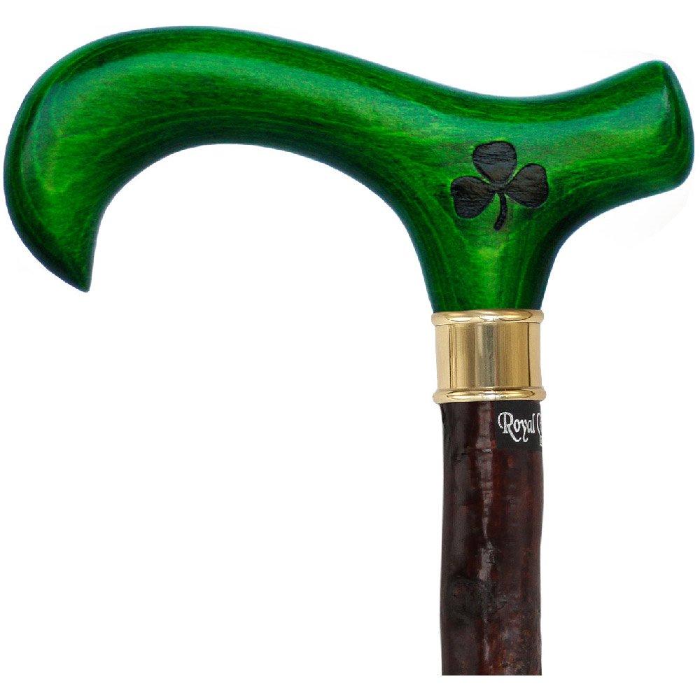 Genuine Blackthorn Wood Derby Walking Cane With Green Beech wood Handle and Shamrock